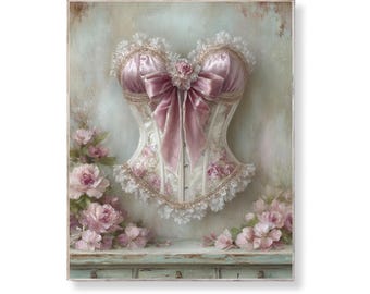 Vintage Shabby Chic Korsett Wand Kunst Elfenbein Rosa Satin Spitze Rosen Druck Romantische Französisch Coquette Dekor Feminine Schlafzimmer Vanity Floral Download