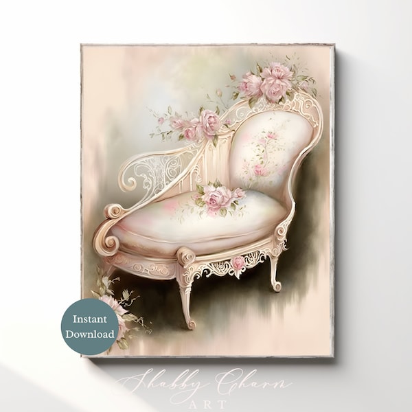 Shabby Chic Decor Chaise Lounge Chair Art Romantic Home Gift Print Instant Download Home Decor Antique Illustration Vintage Painting Retro