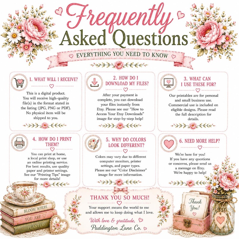 May include: A digital Frequently Asked Questions information sheet decorated with pink floral bouquets. It features six numbered sections with text explaining digital file downloads, printing, usage rights, and color variations, plus a thank you note.