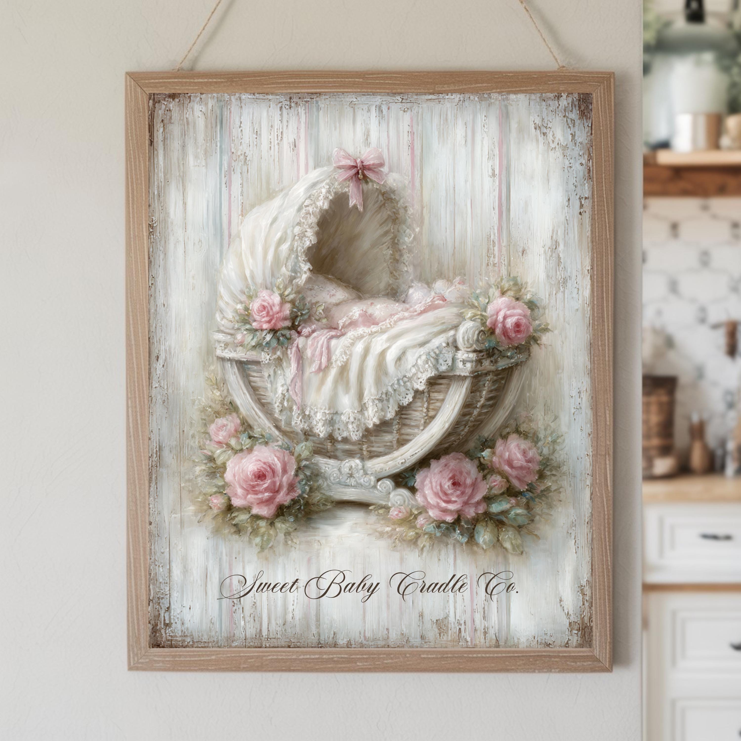 Baby Girl Nursery Wall Art Vintage Cradle Floral Printable Shabby Chic ...