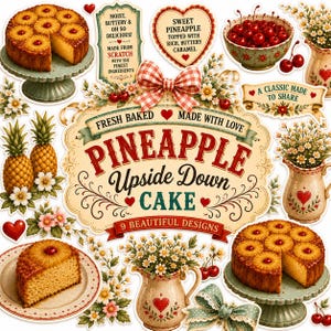 Könnte beinhalten: Eine Sammlung von Aufklebern mit Ananas-Upside-Down-Kuchen auf Ständern, Kirschschalen, Gänseblümchenkrügen und einem zentralen Schild mit der Aufschrift "Pineapple Upside Down Cake", "Fresh Baked Made With Love" und "9 Beautiful Designs".