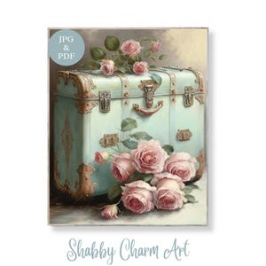 Vintage Trunk with Roses Printable Wall Art Shabby Chic Travel Decor Blush Pink Floral French Luggage Romantic Cottage Instant Download