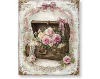 Vintage Shabby Chic Floral Trunk Wall Art Pink Rose Chest With Lace And Pearls Romantic Cottagecore Feminine Printable Home Decor Download