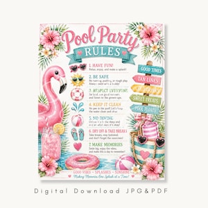 May include: A colorful "Pool Party Rules" print with a flamingo, beach bag, and pool-themed illustrations. The poster includes rules, decorative flowers, and the text "Digital Download JPG & PDF."