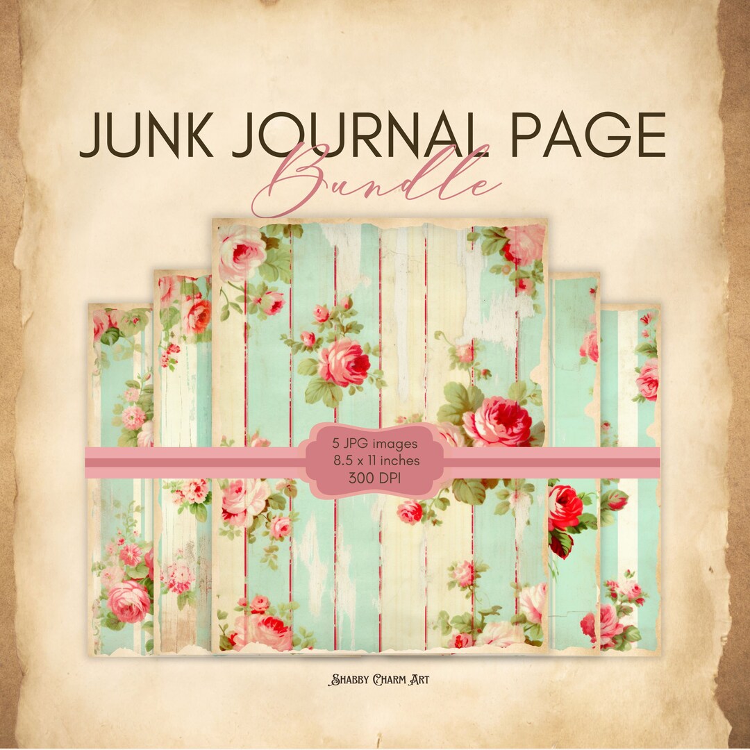 Shabby Chic Stripes and Roses Junk Journal Page Bundle - 5 Designs - 8 ...