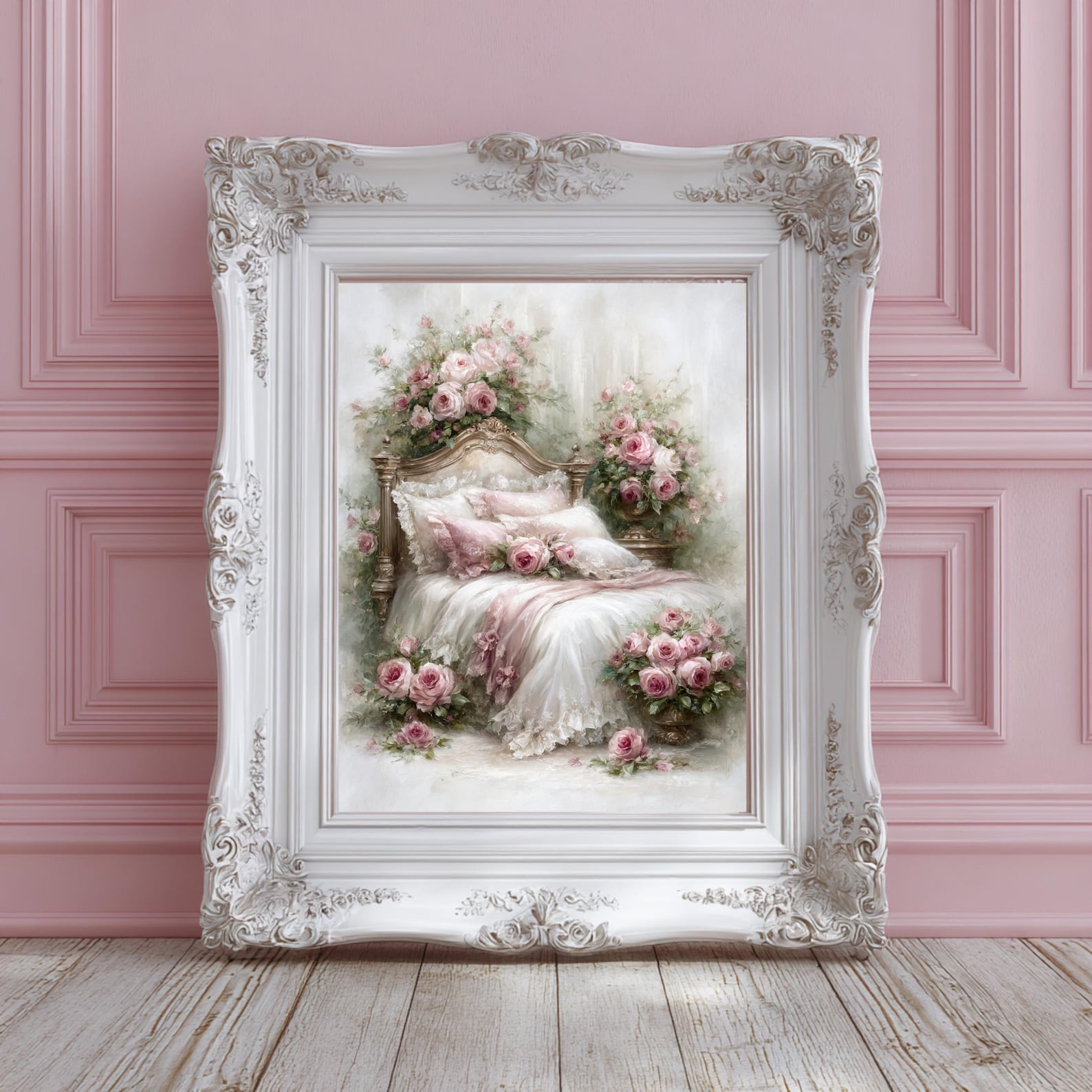 Vintage Shabby Chic Bedroom Wall Art Pink Roses Romantic Lace Bed Print ...