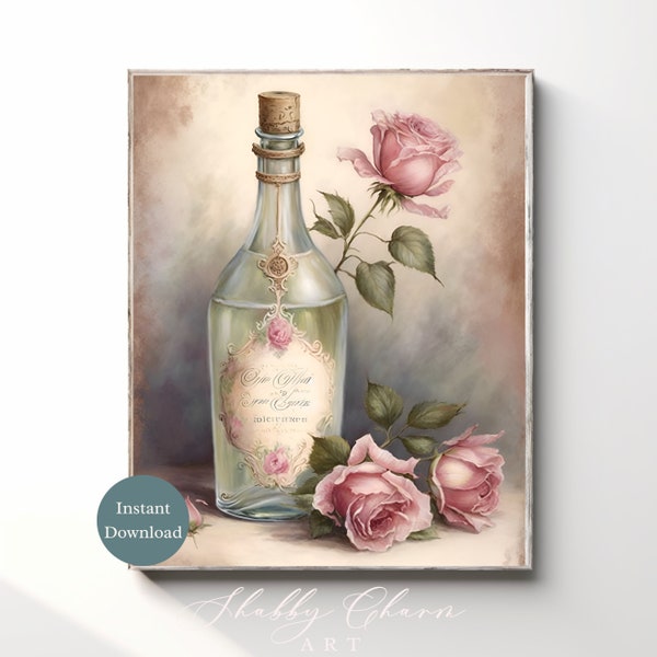 Vintage Wine Bottle Art Shabby Chic Wall Art Cottage Style Wall Decor Rustic Home Decor Print Instant Digital Download Romantic Farmhouse