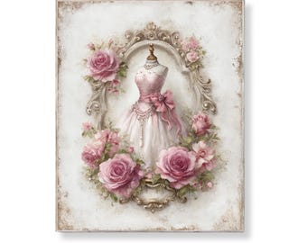 Vintage Shabby Chic Dress Form Wall Art Printable Rustic Pink Roses Lace Pearl Bow Romantic Cottage Fashion Mannequin Digital Download