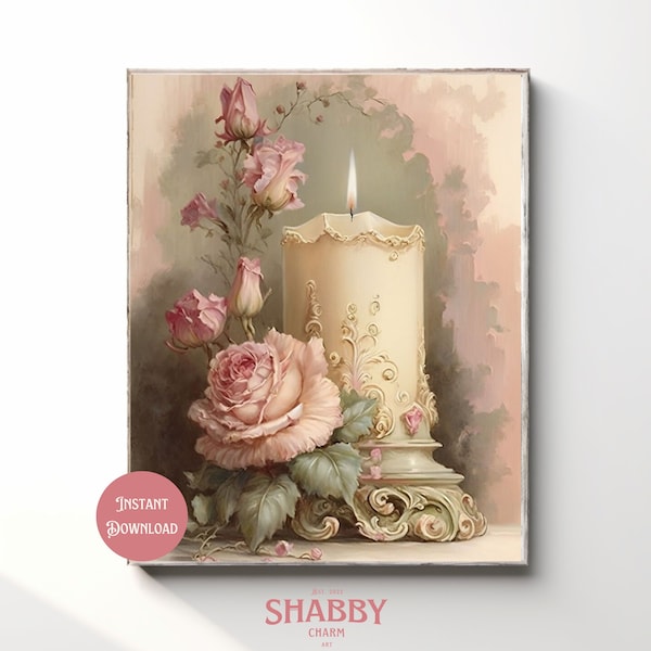 Vintage Candle Art Shabby Chic Wall Art Cottage Style Wall Decor Rustic Home Decor Print Instant Digital Download Romantic Farmhouse Style