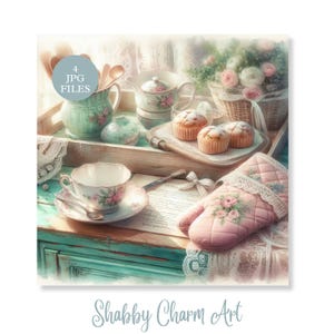 Pacote de clipart de panificação chique e surrado JPG Decoração de cozinha vintage Muffins Luvas de forno pastel para xícara de chá Luvas de padaria caprichosas Diário de sucata Artesanato de scrapbook