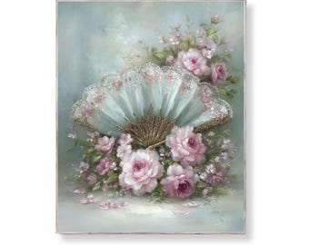 Shabby Chic Lace Fan Art Print: Pink Roses, French Cottage Decor (Digital Download)