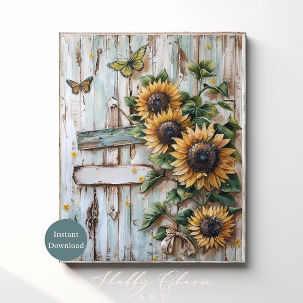 Sunflowers and Butterflies Wall Art, Farmhouse Style Sign, Cottage Floral Decor Print, Printable Flower Poster, White Wood Rustic Painting