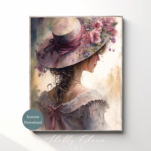 Vintage femme au grand chapeau en téléchargement numérique imprimable Art déco murale rétro romantique dame fleurs peinture ancienne portrait victorien