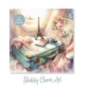 Paquete de imágenes de viajes a París con estilo shabby chic, maletas vintage, vuelo a la Torre Eiffel, encaje francés romántico, diario basura, álbum de recortes, manualidades en alta resolución