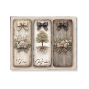 May include: A decorative wooden wall art piece featuring three vertical panels. Each panel has a bow at the top and floral arrangements. The center panel has a tree illustration with the words "Grow Together".