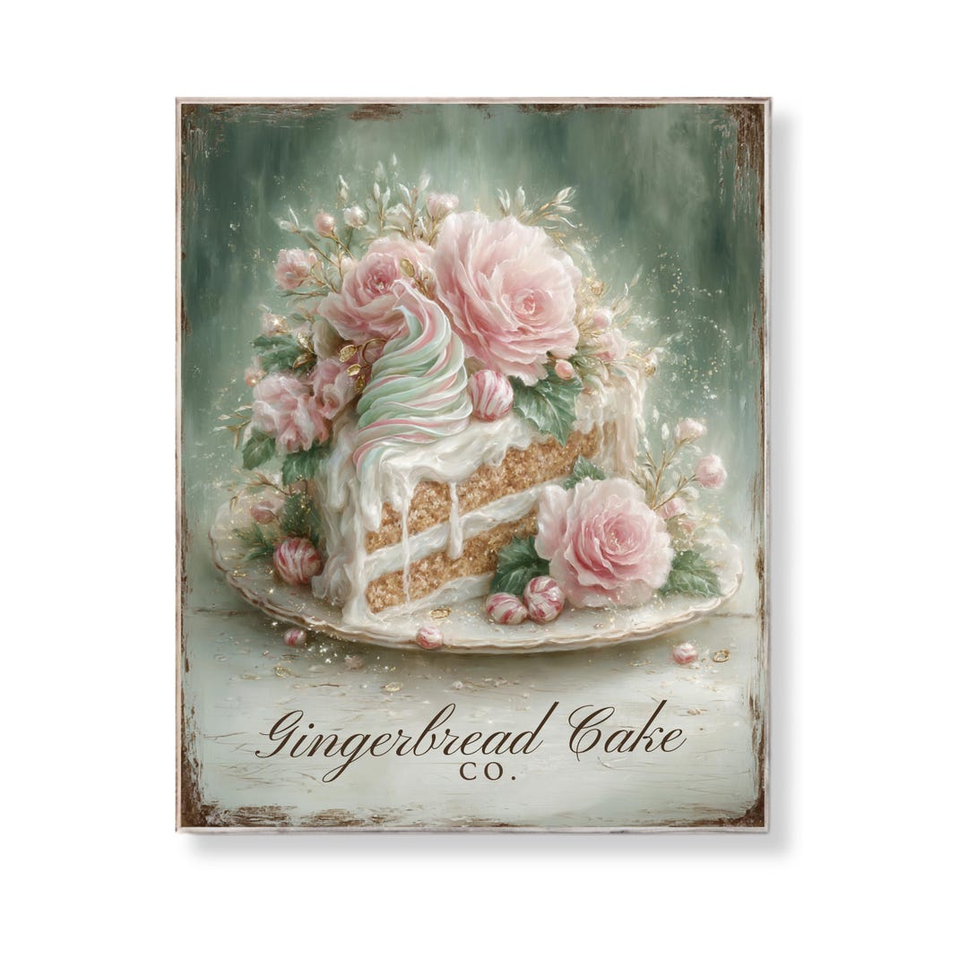 Gingerbread Cake Wall Art Christmas Print Vintage Bakery Kitchen Decor ...