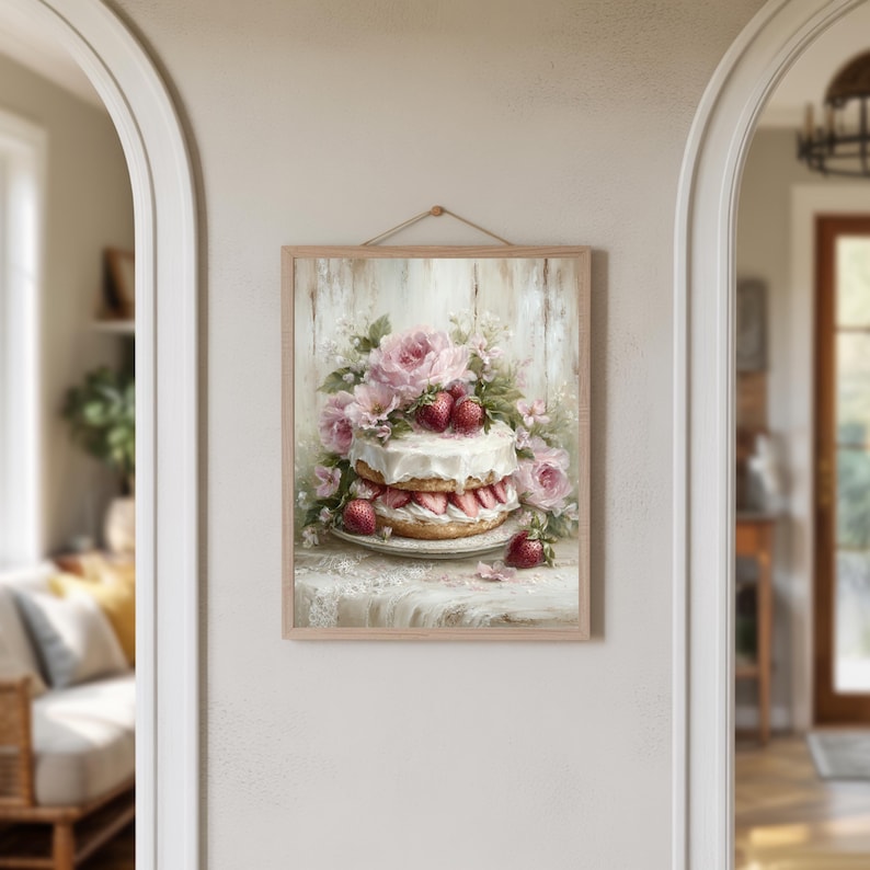 Strawberry Cake Wall Art Printable Vintage Dessert Decor Shabby Chic ...