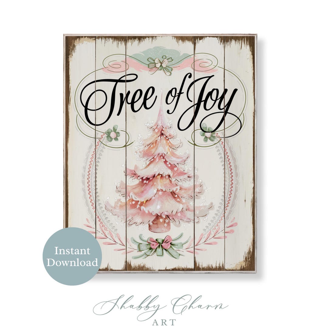 Pink Christmas Tree of Joy Wall Art Printable Vintage White Wood Plaque Cozy Shabby Chic Sign for Your Country Cottage Home - Etsy Japan