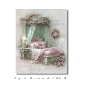 May include: Watercolor illustration of a romantic bedroom with a canopy bed. The bed is adorned with pink pillows, a matching blanket, and a white lace bedspread. The room features a soft color palette of pink, green, and white, with floral accents and a small side table.