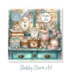 Paquete de joyas Shabby Chic en formato JPG, perlas y encajes vintage, adornos en tonos pastel, gemas de oro antiguas, estilo Cottagecore, diario basura, álbum de recortes, manualidades, alta resolución