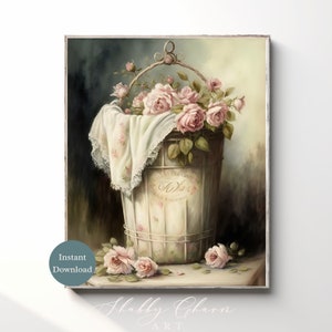 Vintage Antique Laundry Basket Akwarela Druk, Shabby Chic Wall Art, Natychmiastowe Pobieranie Cyfrowe Do Wydruku, Sztuka Cottagecore, Malarstwo Retro