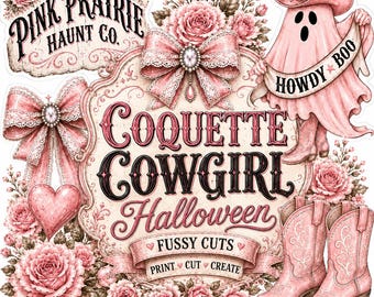 Coquette Cowgirl Halloween Fussy Cuts Printable, Pink Western Ghost Ephemera, Pink Cowboy Boots, Junk Journal, Shabby Chic Paper Crafts