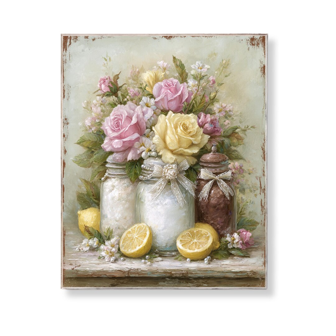 Shabby Chic Pantry Jar Wall Art Pink Yellow Rose Floral Kitchen ...