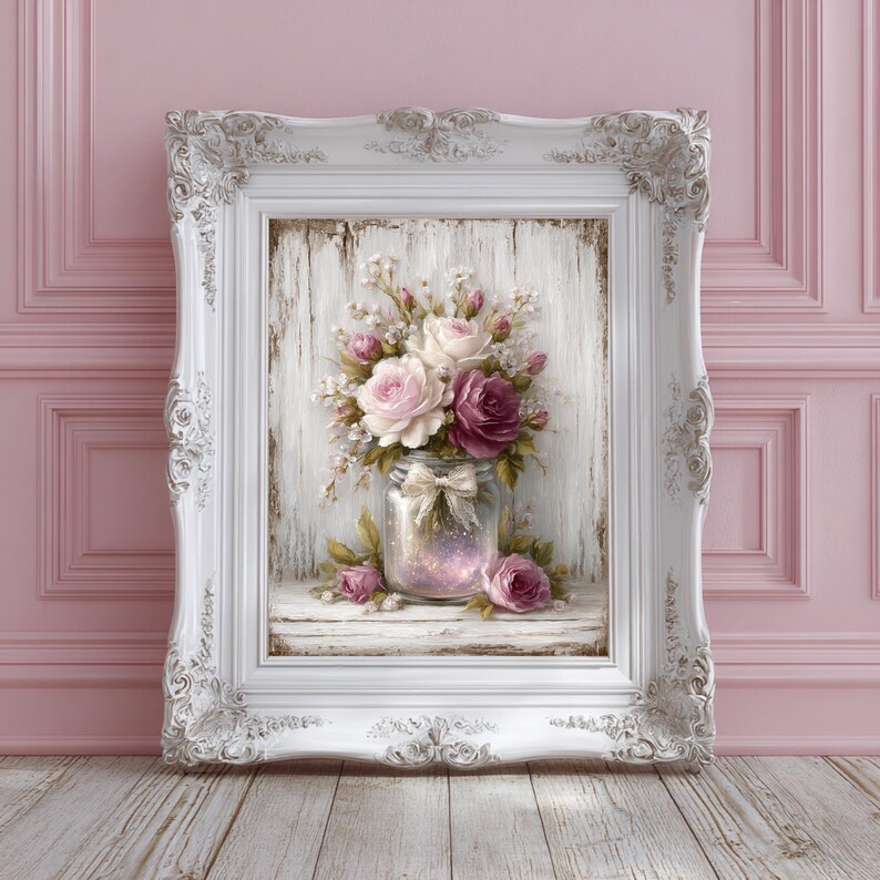 Shabby Chic Floral Mason Jar Wall Art Printable Vintage Roses Lace Bow ...