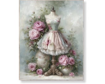 Shabby Chic Dress Form Print: Vintage Ruffled Gown, Pink Roses (Digital Download)
