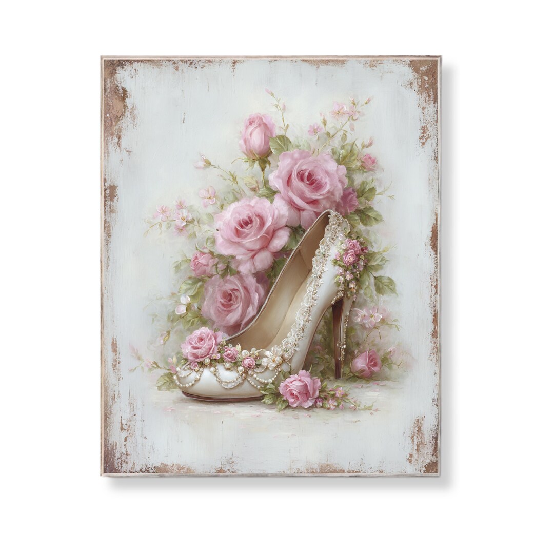 Shabby Chic Shoe Wood Wall Art Pink Rose Floral Decor Vintage Romantic ...