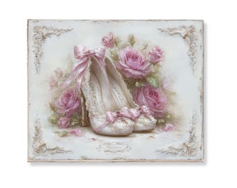 Vintage Shabby Chic Pink Heels Wall Art Romantic Lace Roses Print French Cottagecore Coquette Bedroom Decor Feminine Parisian Glam Download