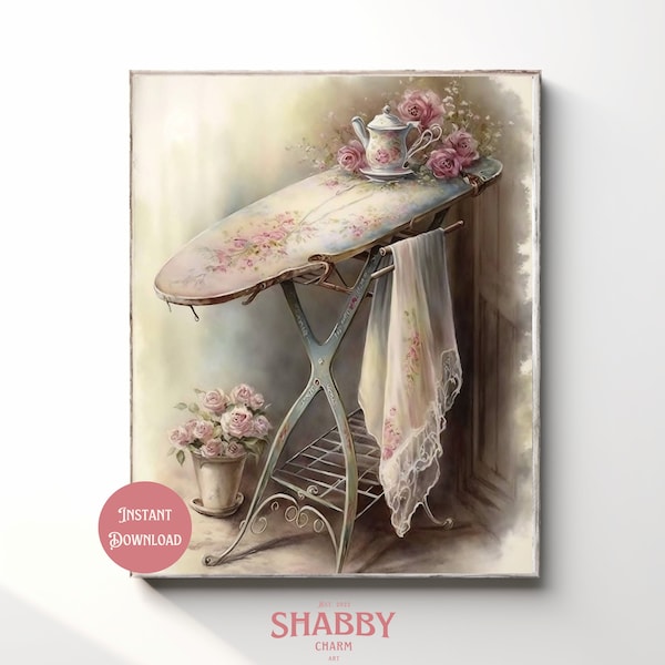 Vintage Antique Ironing Board Watercolor Print, Shabby Chic Wall Art, Instant Digital Download Printable, Cottagecore Art, Retro Painting