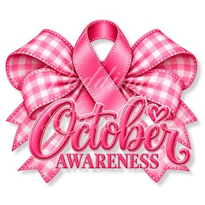 Op de afbeelding: Een roze bewustzijnslint achter een grote roze strik met een wit en roze ruitpatroon. De tekst October AWARENESS staat in een vet roze cursief lettertype op de voorzijde, met een klein roze hartje boven de letter r.