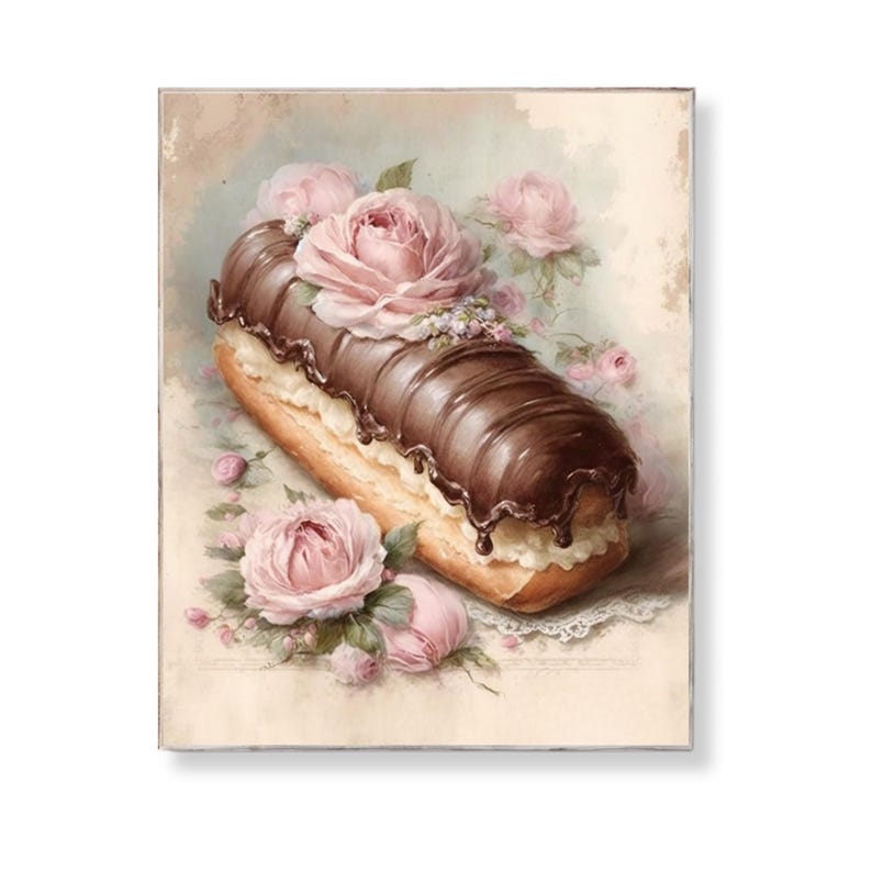 Chocolate Eclair Print: Shabby Chic Rose Pastry, French Bakery (digital ...