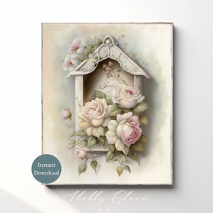Shabby Chic Roses Wall Decor Pink Wall Art Vintage Cottage Style Floral Decor Rustic Home Print Instant Digital Download Romantic Farmhouse