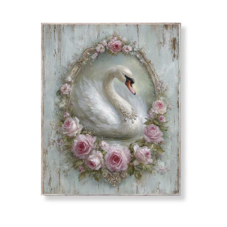 Shabby Chic Swan Wood Wall Art Pink Rose Floral Bird Print Vintage ...