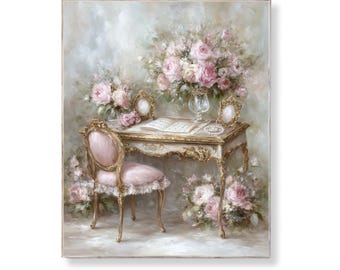 Romantische Vintage Shabby Chic Eitelkeit Wand Kunst Druckbare Rosa Rosen Blumen Schreibtisch Goldrahmen Spitze Stuhl Feminin Französisch Landhaus Dekor Download