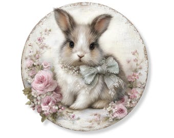 Bunny PNG Floral Bunny Round Sign Cottagecore Spring Decor Shabby Chic Bunny Wreath Accent Vintage Easter Bunny Digital Download