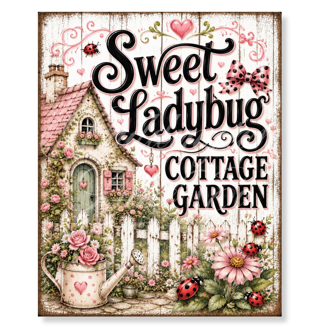 Ladybug Cottage Garden Printable Wall Art Cottagecore Garden Decor Pink ...