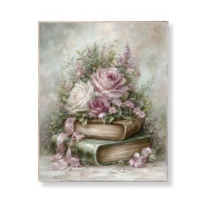 Puede incluir: Pintura al óleo que representa una pila de dos libros antiguos con un ramo de rosas y otras flores. Las rosas son blancas y rosas. Una cinta rosa cubre los libros. El fondo es de un color suave y apagado.