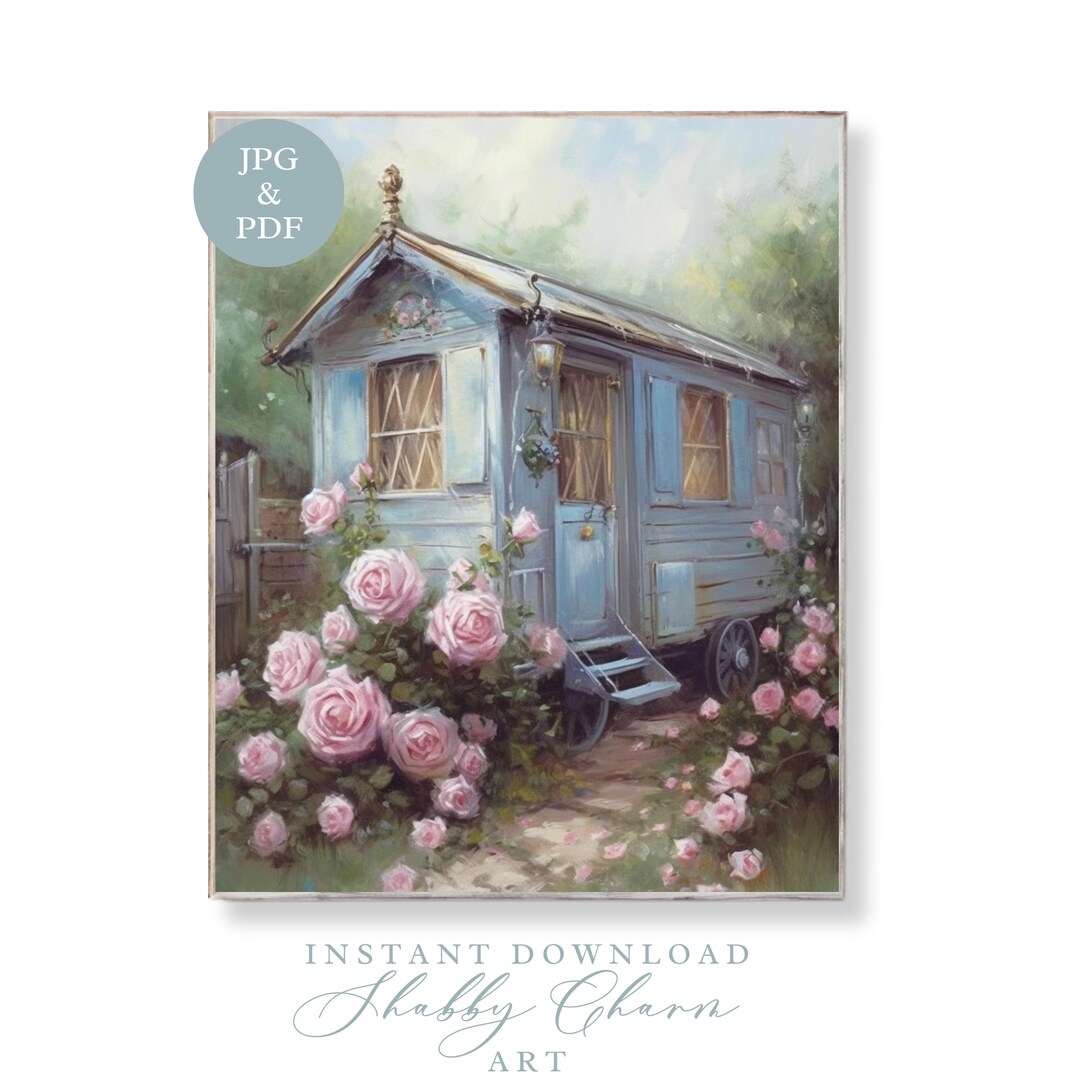 Shabby Chic Tiny House Wall Art, Romantic Blue Vintage Trailer With ...