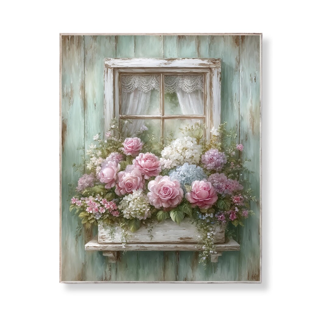 Shabby Chic Floral Window Art Vintage Lace Cottage Print Pink Rose ...