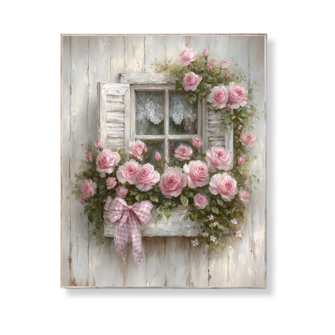 Vintage Cottage Window Floral Wall Art Retro Shabby Chic Nostalgic Pink ...