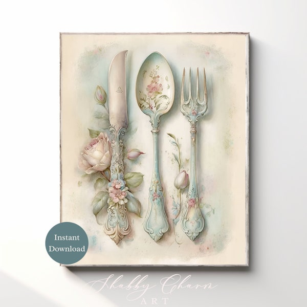 Shabby Chic Silverware Set Watercolor Kitchen Wall Art Print Instant Download Home Decor Antique Illustration Vintage Painting Retro