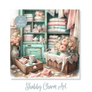 Conjunto de armario de lino Shabby Chic, decoración de lavandería vintage, organización de almacenamiento de estilo francés romántico, descarga instantánea de alta resolución