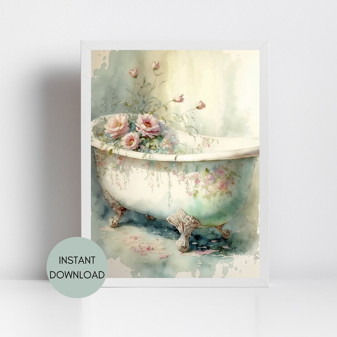 Shabby Chic Vintage Romantic Home Bathroom Watercolor Portrait Instant ...