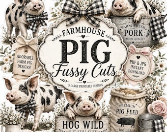 Farmhouse Pig Fussy Cuts, Cute Pig Printable Clipart, Farm Animal Junk Journal Ephemera, Country Digital Download, Paddington Lane Co