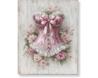 Vintage Shabby Chic Korsett Wand Kunst Rosa Satin Spitze Rosen Druck Romantische Französisch Kokette Dekor Feminine Schlafzimmer Eitelkeit Floral Download