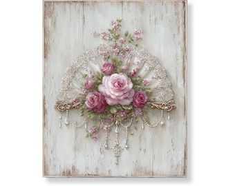 Shabby Chic Lace Fan Wall Art Pink Rose Floral Decor Vintage Romantic Cottagecore Coquette Digital Download Printable Artwork Picture