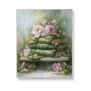 May include: A framed painting depicts a stack of green books adorned with pink roses and greenery. The books rest on a white bench with gold accents. The artwork has a soft, romantic aesthetic, with a focus on floral and botanical elements.